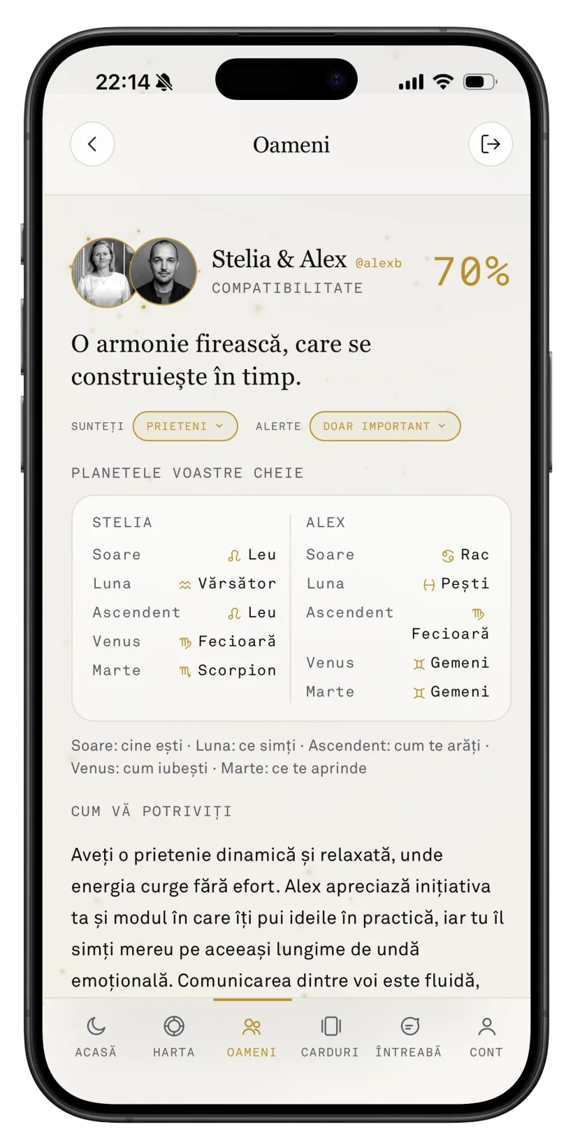 Ecranul Oameni din Stelia: compatibilitatea dintre doi oameni